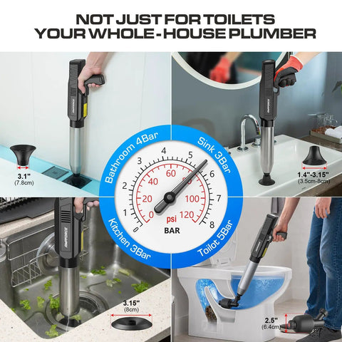 Heavy Duty Electric Air Plunger For Bathroom Toilets High Pressure Drain Unclogger, with adjustable settings, effective for sinks and toilets.