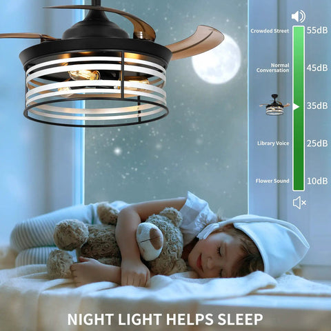 Retractable Ceiling Fan With Lights And Remote 36 Inch Farmhouse Caged Industrial Invisible Enclosed Fan Quiet Direct Current Motor
