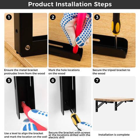 Product installation steps for Solid 16 Inch Folding Shelf Brackets 2 Pack Wall Mounted Space Saving Desk Supports Heavy Duty Steel.
