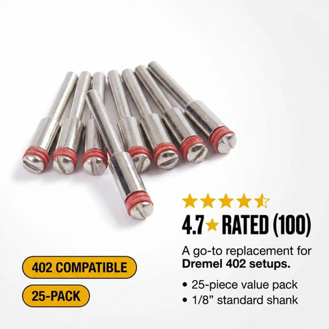 25 Pack Rotary Tool Mandrels Workhorse 1 8th Inch Shank Dremel 402 Compatible Replacement Holders arranged on white background