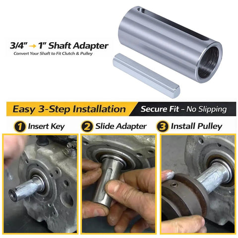 Three Quarters To One Inch Gas Engine Crank Sleeve Adapter With Step Key installation steps shown in image