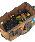 Top view of Gatemouth 16 Pocket Tool Bag With Wide Zippered Opening 15 Liter Capacity Brown Heavy Duty Tool Organizer filled with tools.