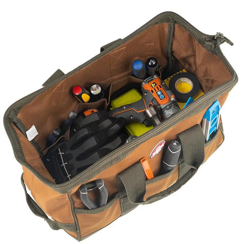 Top view of Gatemouth 16 Pocket Tool Bag With Wide Zippered Opening 15 Liter Capacity Brown Heavy Duty Tool Organizer filled with tools.