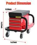 Tool Box With Built In Creeper Seat And Three Drawer Heavy Duty Tool Chest On Four Rolling Casters For Garage Shop Roller Seat And 350 Lb Capacity Sturdy Steel Construction For Easy Access And Pro Grade Organization, dimensions labeled, black and red.