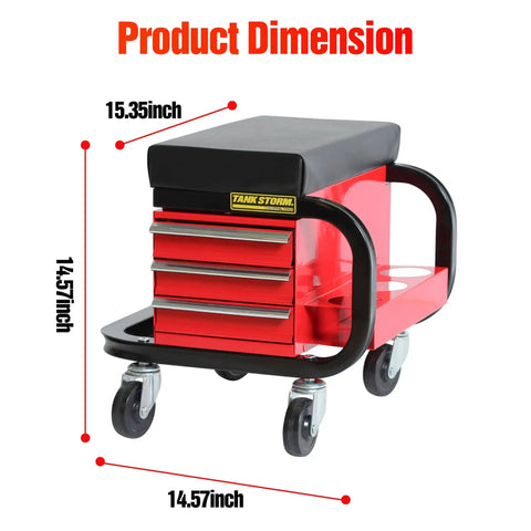 Tool Box With Built In Creeper Seat And Three Drawer Heavy Duty Tool Chest On Four Rolling Casters For Garage Shop Roller Seat And 350 Lb Capacity Sturdy Steel Construction For Easy Access And Pro Grade Organization, dimensions labeled, black and red.