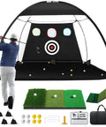 Golfer using All In One 10x7ft Golf Practice Net Set with Foldable Tri Turf Hitting Mat and accessories