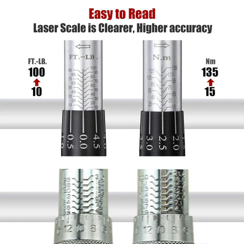 Close-up of laser scale on Beefy 3/8-Inch Drive Click Torque Wrench With 10-100 Ft-Lb / 15-135 Nm Range, easy readability.