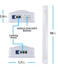 Diagram of Premium Linkable Under Cabinet Light 18 Inch LED With 628 Lumens 3000K Warm White, showing dimensions and buttons.