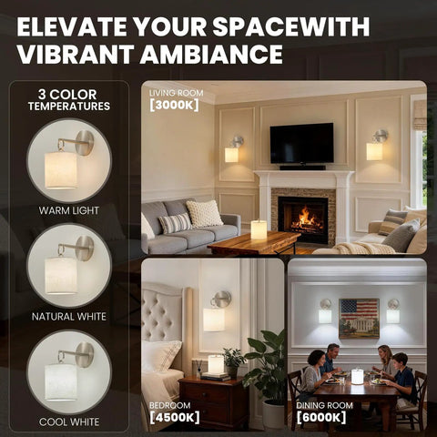 Peel and Stick Sconces Set of 2 Brushed Nickel,Detachable Battery Operated Wall Sconce With 10000mah Rechargeable Bulbs,12 RGB Battery Sconce With Remote,Renter Friendly Wall Lamps for Bedroom,Hallway in different room settings.