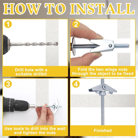 How to install Eye Lag Toggle Bolts Kit 25 Pcs One Quarter By Four Inch With One Inch Metal Washers. Step by step guide.