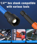 Magnetic Nut Driver Set For Impact Drill with close-up of hex shank compatibility with tools, SAE and Metric in use.