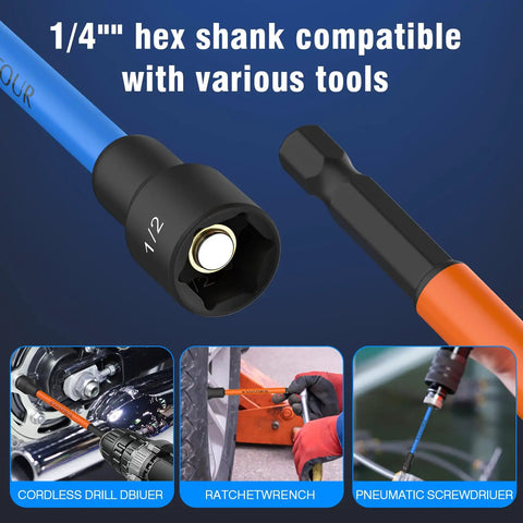 Magnetic Nut Driver Set For Impact Drill with close-up of hex shank compatibility with tools, SAE and Metric in use.