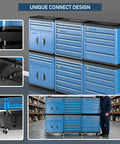 Heavy Duty Rolling Tool Chest With Seven Deep And Shallow Drawers Lockable Mobile Tool Cabinet On Swivel Wheels For Garage Organization, blue design with connected drawers.