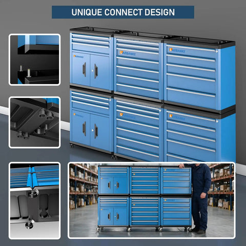 Heavy Duty Rolling Tool Chest With Seven Deep And Shallow Drawers Lockable Mobile Tool Cabinet On Swivel Wheels For Garage Organization, blue design with connected drawers.