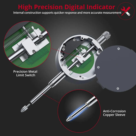 Digital Dial Indicator 1 Inch 0.0005 Inch Resolution LCD Display with open view of internal components and rear cover.