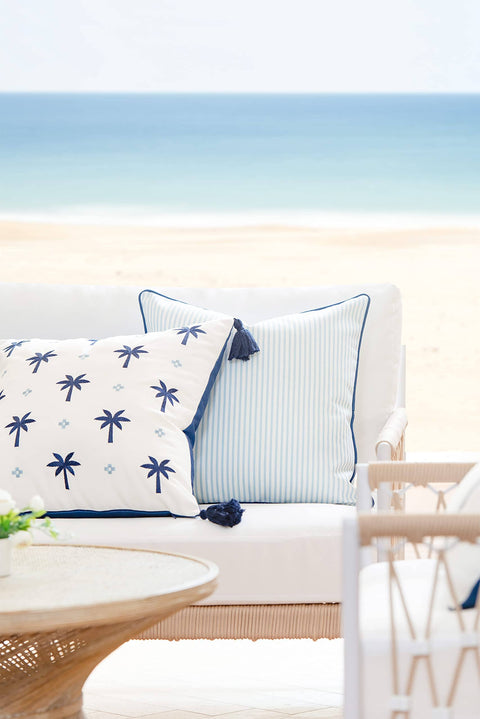 Coastal Hampton Style Outdoor Indoor Pillow Cover 20x20 Water Resistant Blue Stripe for Backyard Patio and Couch Decor with Invisible Zipper and Piping