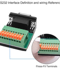 DB9 Solderless RS232 To 9-Pin Port Spring Terminal Breakout Adapter showing tool-free spring crimp terminals and press-fit design for wiring.