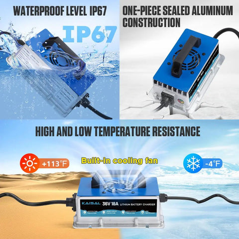 Heavy Duty 36Volt LiFePO4 Battery Charger 43.8V 18A With Zero Volt Wake Up And IP67 Waterproof Housing For Golf Carts Rv Boats And Trolling Motors Built Like A Tank And Drop Dead Simple