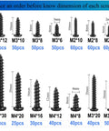 625 Piece Self Tapping Wood Screw Kit With 14 Sizes M2 M3 M4 Phillips Pan Head For Wood Plastic And Soft Metal Carbon Steel