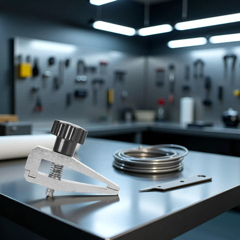 Beefy Push Pull Gauge Clamp In Stainless Steel 500N Force Gauge Fixture Dynamometer Clamp For Tensile Strength Tester With Cogging Grip And Threaded Knob Tightness For Easy Smooth Open And Close And Precise Testing, silver clamp on bench