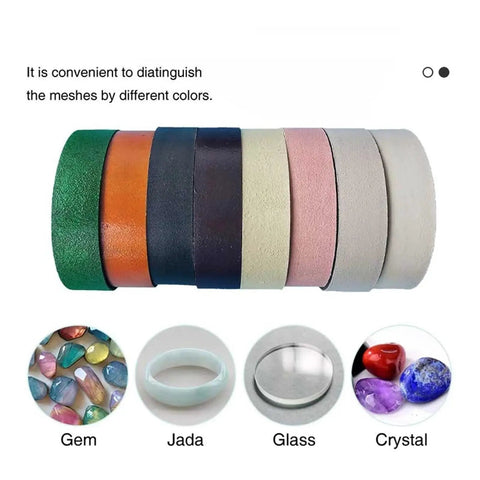 Colorful lapidary mesh rolls for gemstone cutting and polishing in green, orange, and other shades.