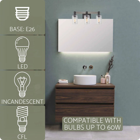 Ashland 24 Inch 3 Light Farmhouse Vanity Light With Hammered Glass Shades In Gray Oak Finish mounted above bathroom sink