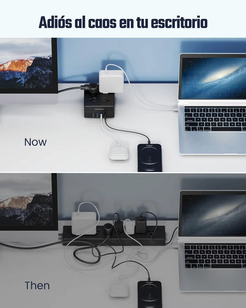 Comparison of desk setup with and without 4-Outlet 4-USB Surge Protector With 5 Ft Extension Cord 900 Joules Overload Switch.
