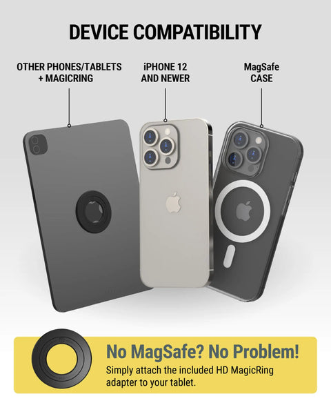 Heavy Duty MagSafe Car Mount And Tablet Holder With Extra Strong Magnets 2.5X Stronger Grip For iPhone 12 And Newer example devices