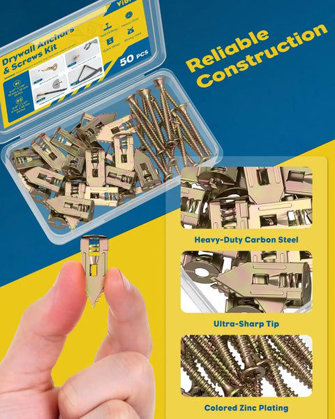 Heavy Duty Self Drilling Drywall Anchors And Screws Kit Featuring 50 Pieces Of Tough Carbon Steel Fasteners in a transparent container.
