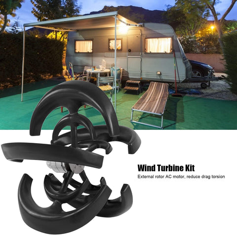 Beefy 1200W Vertical Axis Wind Turbine Kit With 12V Controller For Boats Terraces And Cabins Five Blade Reinforced Nylon Design For Quiet Safe Power On The Go shown in front of mobile home at night.