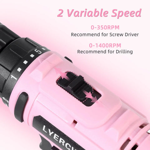 Close-up of pink 12 Volt cordless drill showing 2 variable speeds, part of the Cordless Drill Kit With 21 Piece Driver And Drill Bit Set.