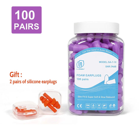 Small Foam Ear Plugs For Tiny Ear Canals, 100 Pairs Ultra Soft Noise Blocking For Sleep, Study, Work, Travel, Purple For Women Teens, Latex Free And PVC Free, Soft Slow Rebound Foam For All Night Comfort in a jar with gift silicone ear plugs