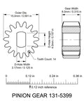 Technical diagram of 2 Pack Pinion Gears 1315399 for 22 Inch Recycler and Personal Pace Lawn Mowers Replacement