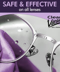 OptiSource Clear View lens cleaner for eyeglasses and screens; close-up of glasses with purple microfiber cloth