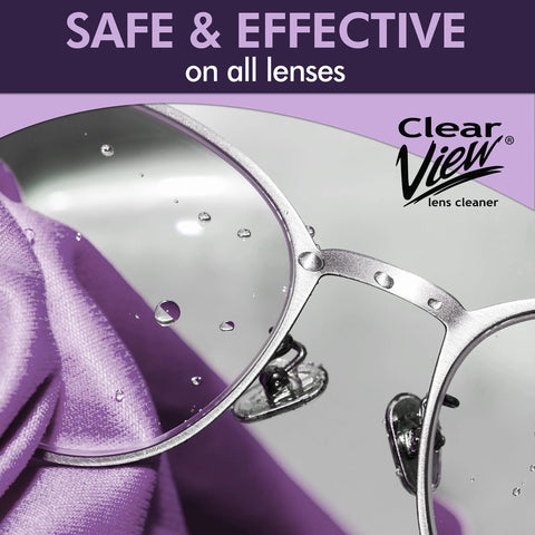 OptiSource Clear View lens cleaner for eyeglasses and screens; close-up of glasses with purple microfiber cloth