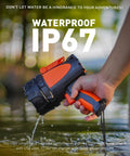 Hand holding Rechargeable Handheld Spotlight With Up To 4500 Lumens, IP67 Waterproof Marine Grade LED Searchlight over water