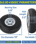 10x3.00-4 Flat Free Tire And Wheel Assembly For Carts And Trolleys, 10 Inch Diameter, 3 Inch Width, 5/8 Inch Axle Bore, 2.2 Inch Offset Hub