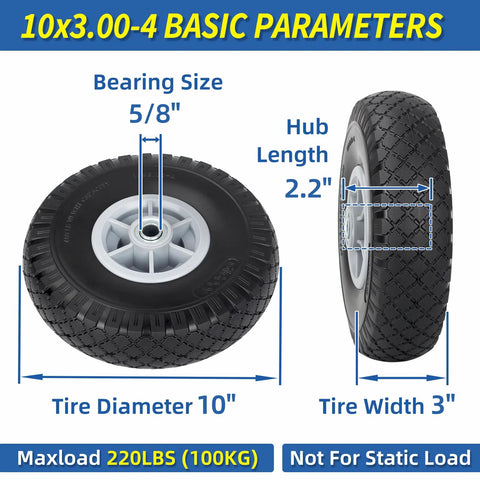 10x3.00-4 Flat Free Tire And Wheel Assembly For Carts And Trolleys, 10 Inch Diameter, 3 Inch Width, 5/8 Inch Axle Bore, 2.2 Inch Offset Hub