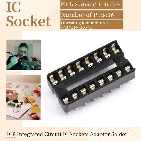 10Pcs 16P DIP IC Socket Solder Type 2.54mm Pitch Dual Row Flat Pin Adapters For DIP ICs High Temperature Rating From 40C To 105C