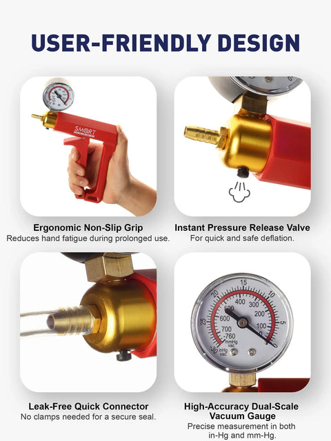 Brake Bleeder Kit With Hand Vacuum Pump For Motorcycles 17 Pcs shown with ergonomic grip and dual-scale pressure gauge.