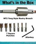 MT2 Teng Style Rotary Broach Set with 7 metric square HSS punches and Allen key displayed in box