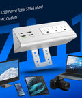 Edge Mount Power Strip With USB-C Ports And 4 Fast-Charging USB Ports, Desk Clamp Surge Protector, 3 AC Outlets on blue background