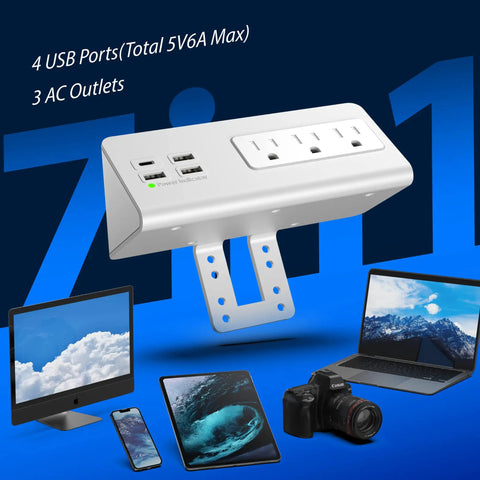 Edge Mount Power Strip With USB-C Ports And 4 Fast-Charging USB Ports, Desk Clamp Surge Protector, 3 AC Outlets on blue background