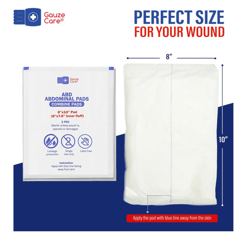 Package of Sterile Abdominal Pads 8x10 Inches 40 Pack Thick And Extra Absorbent Nonstick Wound Dressing, shown with dimensions.