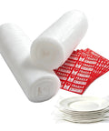 15.75 Inch By 160 Foot Foam Roll For Packing And Moving with 70 Fragile Stickers and white plates, ideal for fragile items.