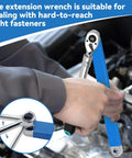 Blue 15-inch offset extension wrench for automotive use with 1/2, 1/4 and 3/8 square-drive adapters