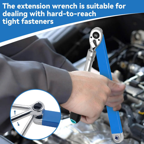 Blue 15-inch offset extension wrench for automotive use with 1/2, 1/4 and 3/8 square-drive adapters