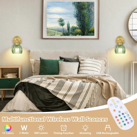 Vintage Wireless Rechargeable Led Wall Sconce Set Of Two Featuring Remote Dimmable Switch And Sleek Gold Finished Green Tulip Glass Shade For Bedroom Living Room, stylishly illuminating a cozy bedroom.