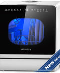 Compact Countertop Dishwasher With Built In Water Tank And Softener, view showing interior with dishes and blue light.