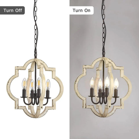 Rustic Wood Four Light Chandelier With Adjustable Suspension Chain For Foyers, Dining Rooms, Living Rooms And Kitchens, Vintage Round Sphere Design With Hand Painted Finish And Bronze Candle Sockets, shown with lights on and off